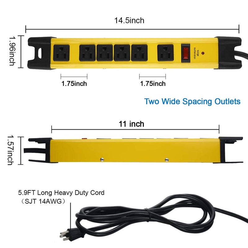 CCCEI Heavy Duty Power Strip Surge Protector with 15A, 6 Plug Industrial Shop Workshop Garden Metal Multiple Outlets, 6FT Extension Cord 1200 Joules ETL Listed, Yellow - Image 3